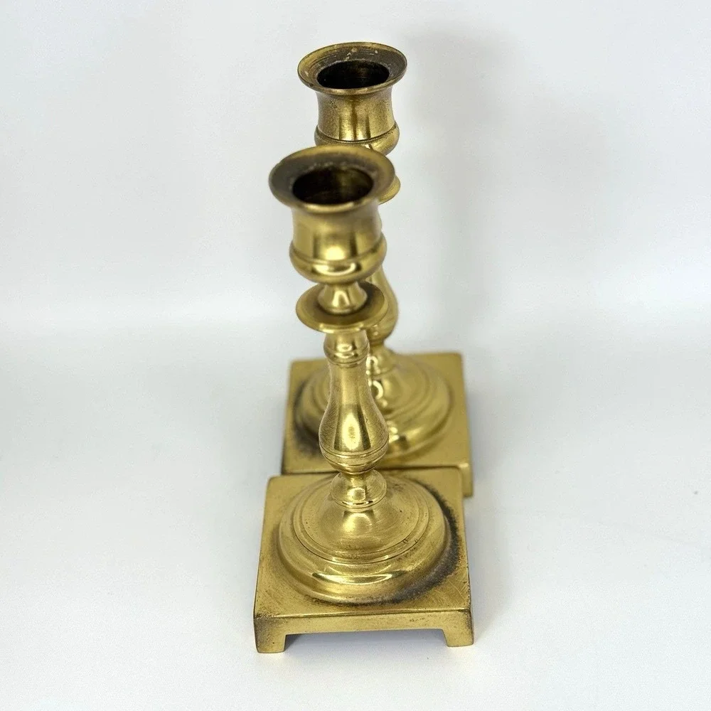 VTG Solid Brass Candlestick Holder Pair Made in England Square Base 5.5